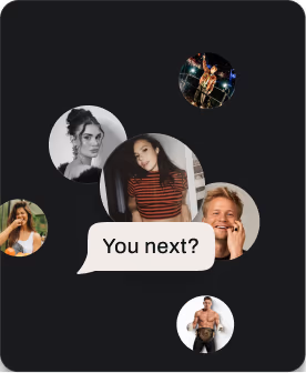 Een cluster van creator-profielfoto's met een “Jij ook?”-tekstballon