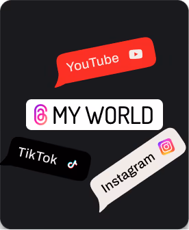 Deel-tags voor YouTube, Instagram en TikTok die naar een “My World”-link wijzen